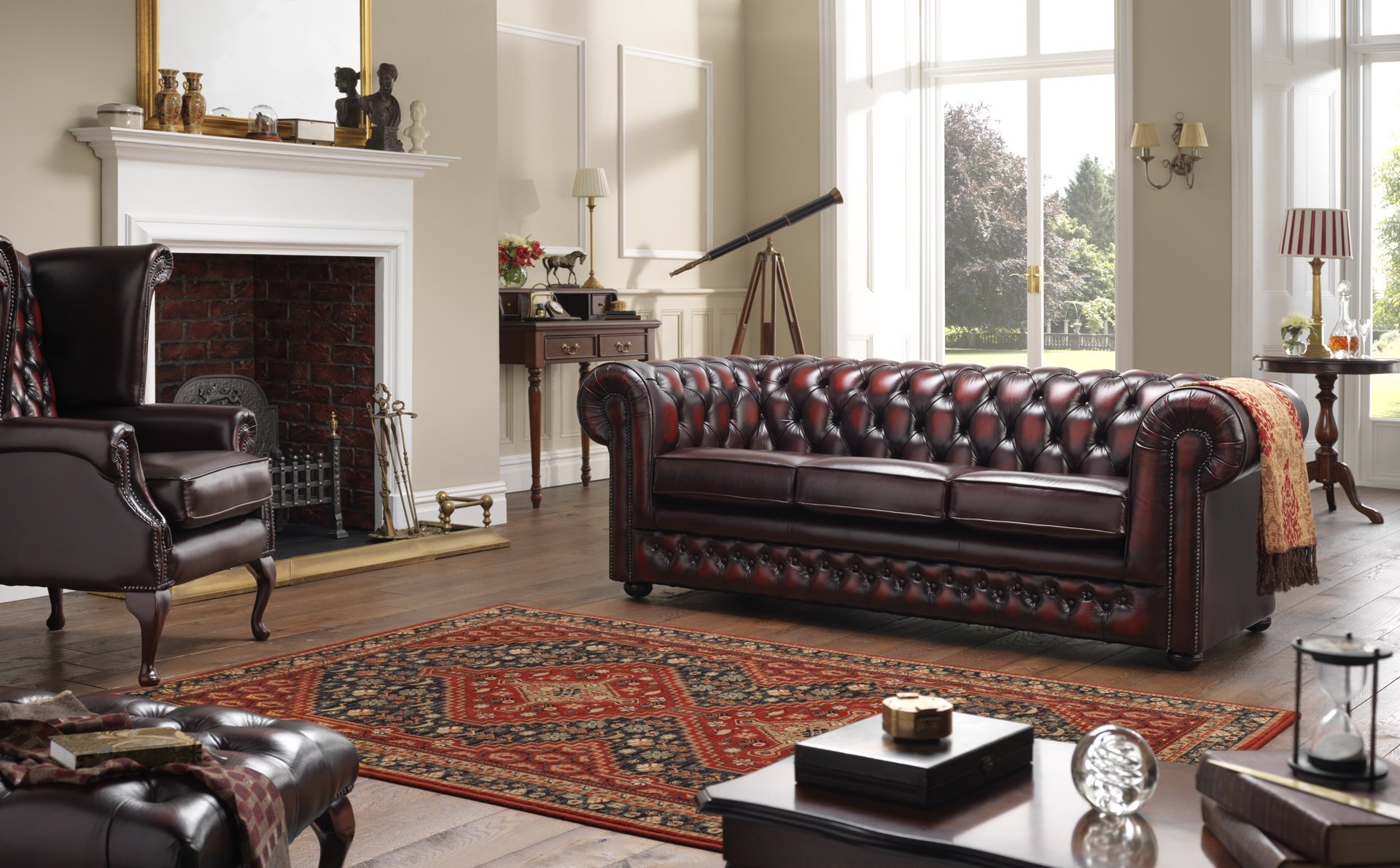 Living Room With Brown Chesterfield Sofa